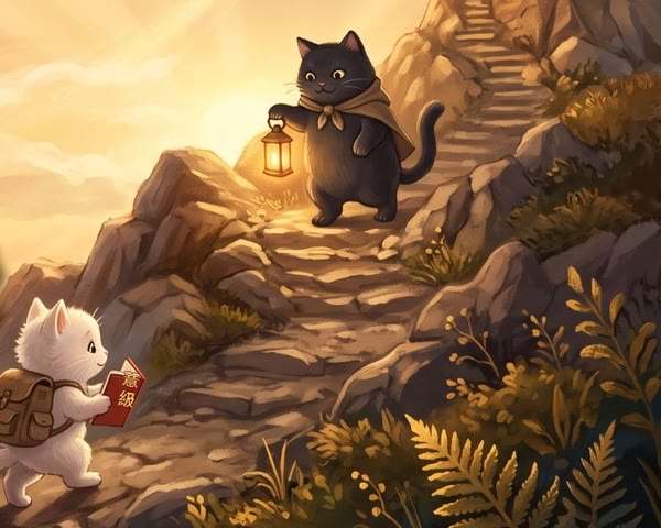 小白貓背著書包爬山，黑肥貓提燈在前方等牠